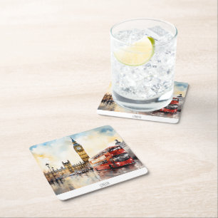 Big Ben and red bus in London Square Paper Coaster