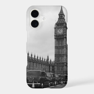 Big Ben and taxi cabs in London in black & white