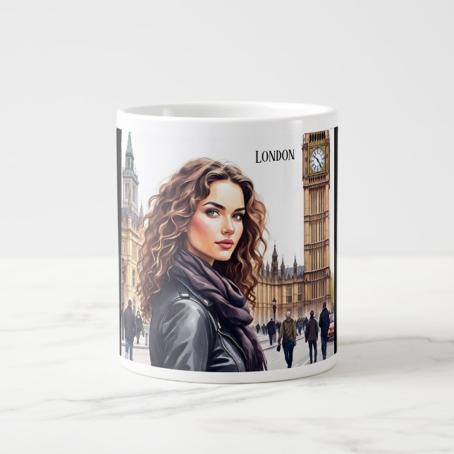 Big Ben Clock Tower and Lovely Lady Large Coffee Mug (Front)