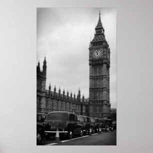 Big Ben en taxi cabs in black and white poster