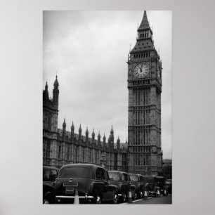 Big Ben et taxis noirs et blancs sur une affiche