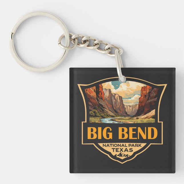 Big Bend National Park Illustration Retro Badge Keychain (Front)