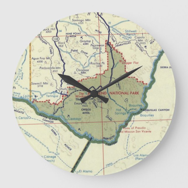 Big Bend National Park Vintage Map Large Clock (Front)