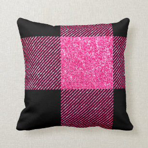 Big Black and Faux Hot Pink Glitter Buffalo Plaid Throw Pillow