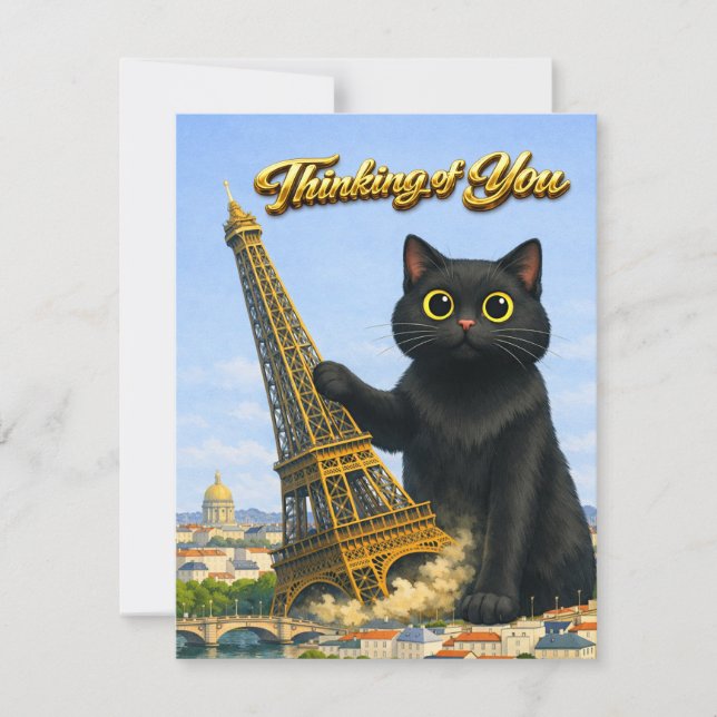 Big Black Cat Topples Eiffel Tower Thinking of You Card (Front)