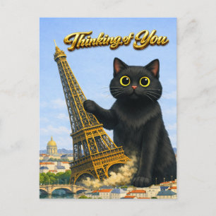 Big Black Cat Topples Eiffel Tower Thinking of You Postcard