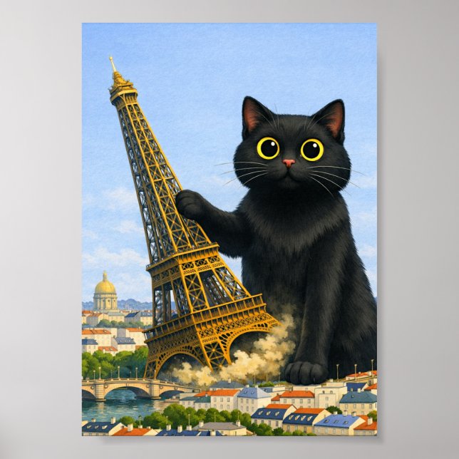 Big Black Cat Topples Eiffel Tower Thinking of You Poster (Front)