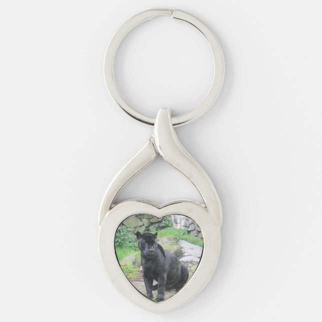 Big Black Jaguar Cat on Sitting on Rock Keychain (Front)