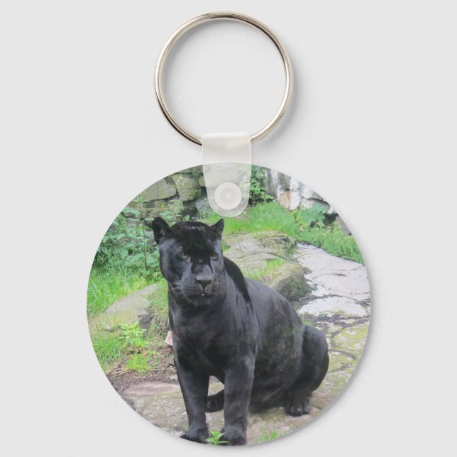Big Black Jaguar Cat on Sitting on Rock Keychain (Front)