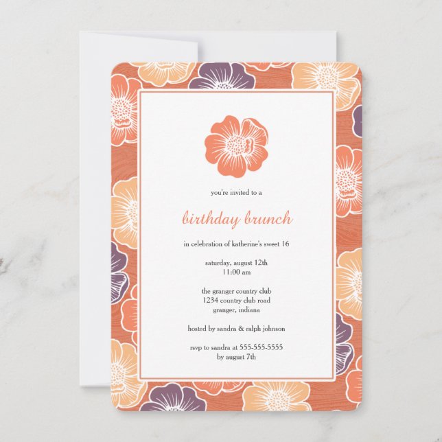 Big Bloom Sixteen Birthday Invites (orange) (Front)
