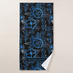 Big blossom floral pattern blue personalized name bath towel