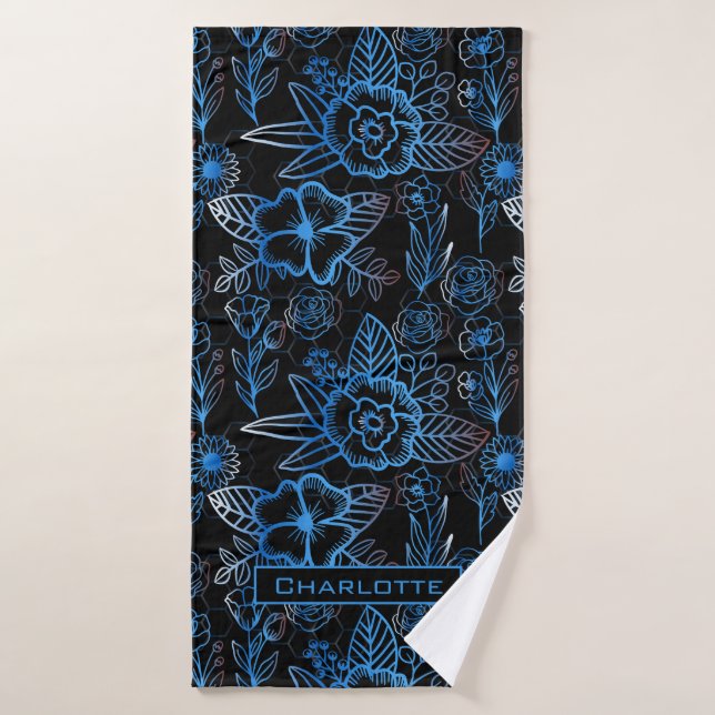 Big blossom floral pattern blue personalized name  bath towel (Bath Towel)
