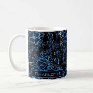Big blossom floral pattern blue personalized name  coffee mug