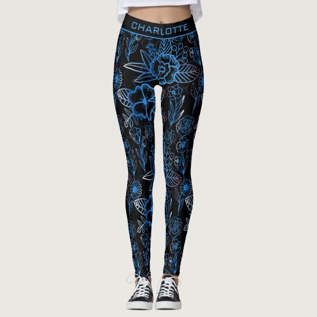 Big blossom floral pattern blue personalized name  leggings (Front)