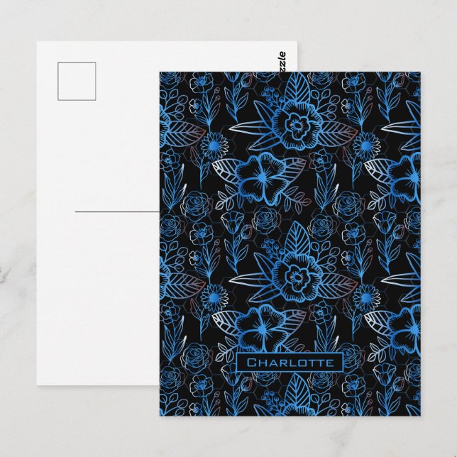 Big blossom floral pattern blue personalized name  postcard (Front/Back)