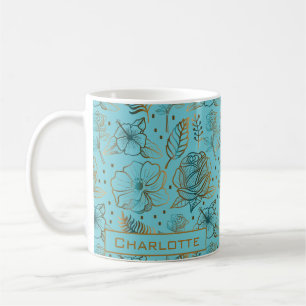 Big blossom floral pattern gold personalized name coffee mug