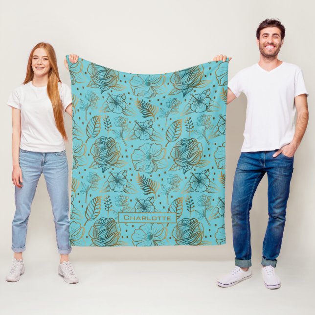 Big blossom floral pattern gold personalized name  fleece blanket (In Situ)