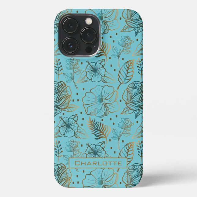 Big blossom floral pattern gold personalized name iPhone case (Back)
