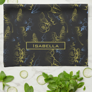 Big blossom floral pattern gold personalized name kitchen towel