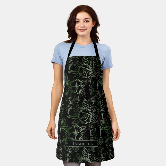 Big blossom floral pattern green personalized name apron (Worn)