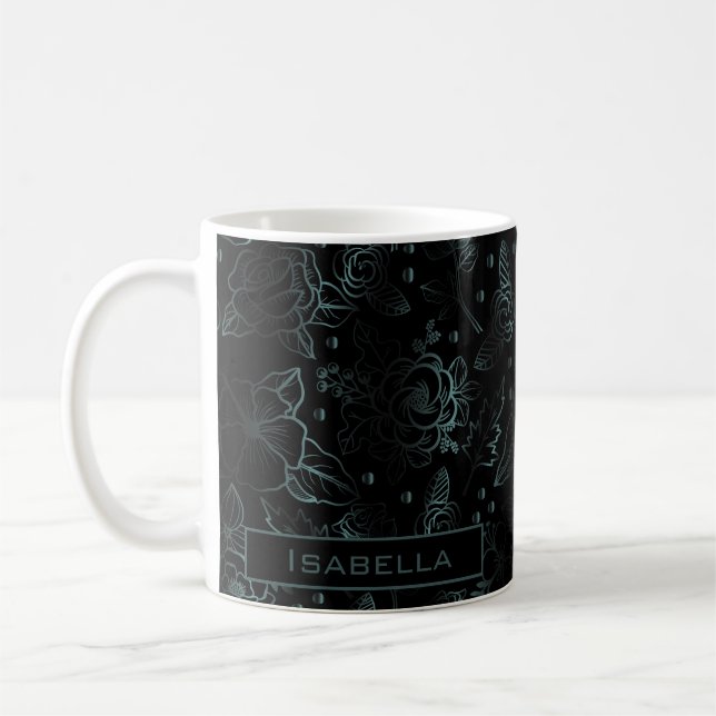 Big blossom floral pattern grey personalized name  coffee mug (Left)