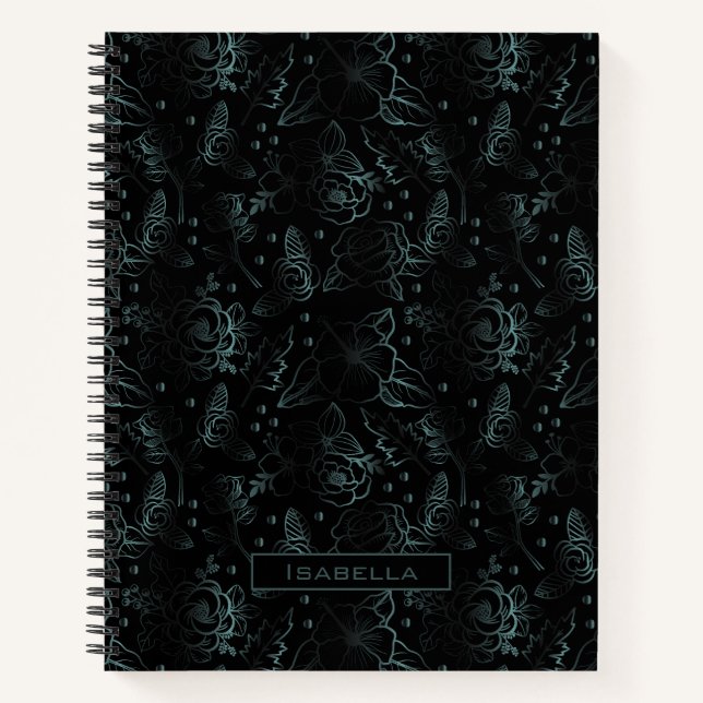 Big blossom floral pattern grey personalized name  notebook (Front)