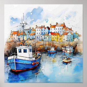 Big Blue Boat In The Seaside Harbour Poster