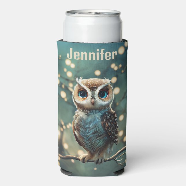Big Blue Eye Owl Personalize Name Tall Seltzer Can Cooler (Seltzer Back)