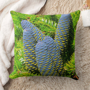 Big Blue Korean Fir Tree Cones Throw Pillow