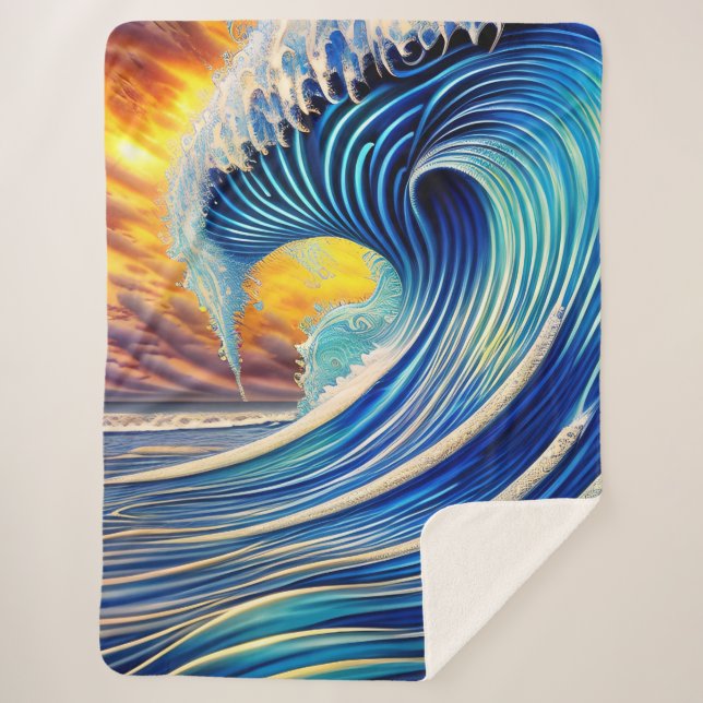 Big Blue Ocean Wave Over Sunset Sky Sherpa Blanket (Front)