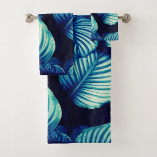 Big Blue Tropical Leaves Bathroom Towels