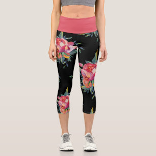 Big Bold Flower Pattern on Black Capri Leggings