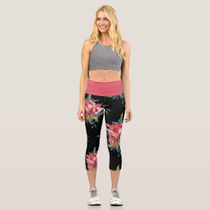 Big Bold Flower Pattern  on Black Capri Leggings
