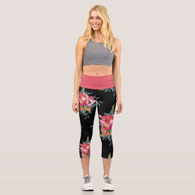 Big Bold Flower Pattern  on Black Capri Leggings (Front)