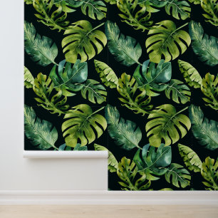 Big Bold Green Tropical Leaves on Black Wallpaper