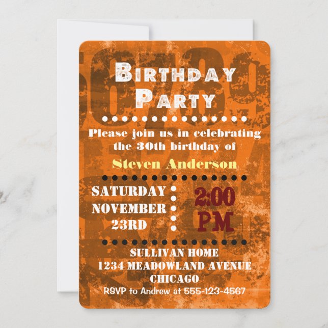 Big Bold Numbers on Brown Orange Birthday Invite (Front)