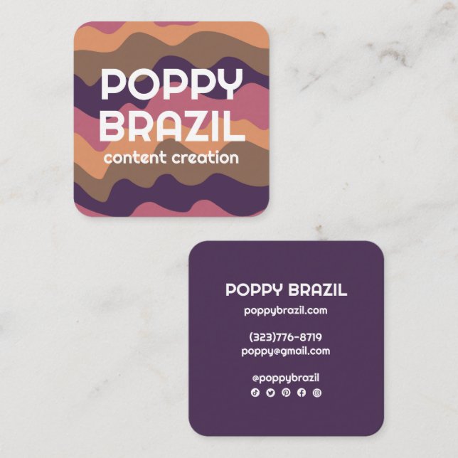 BIG BOLD RETRO Curvy Wavy Stripes Purple Gold Pink Square Business Card (Front/Back)