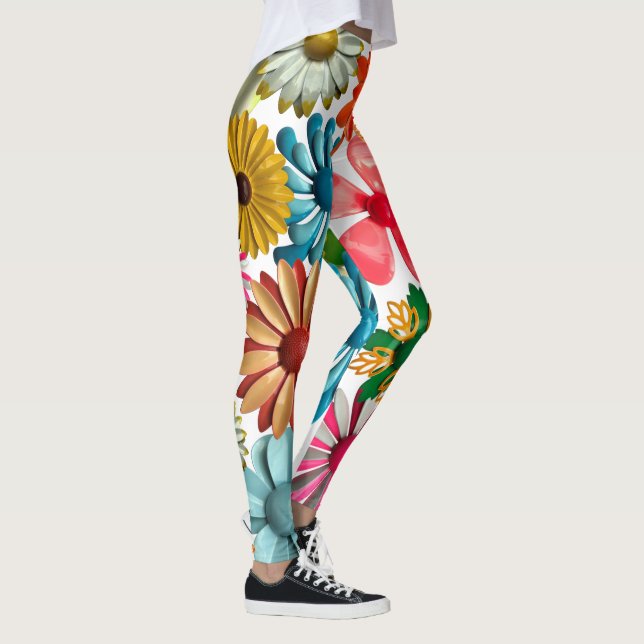 Big Bold Retro MOD Colourful Hippie Daisy Flowers Leggings (Right)