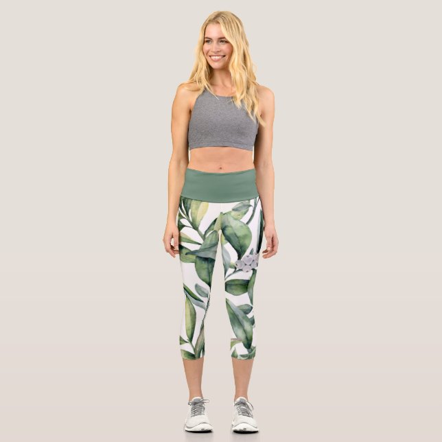Big, Bold Watercolor Leaf Pattern Capri Leggings (Front)