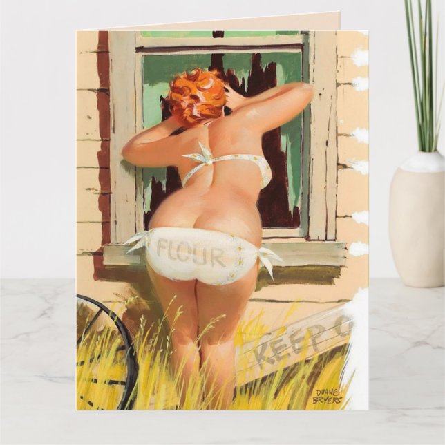 BIG BOTTOMED WOMAN ART PEEKING IN TO SAY HELLO  CARD (Front)