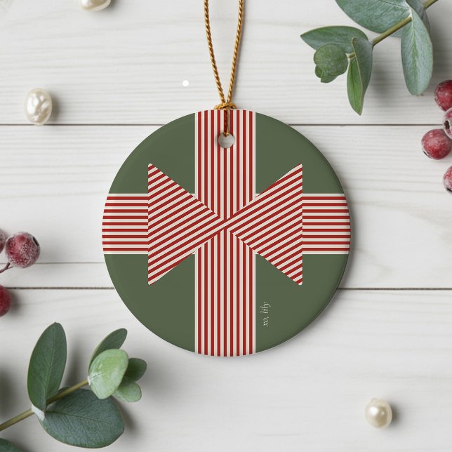 Big Bow of Striped Ribbon Ceramic Ornament (Bold Ceramic Ornament with Custom Message)