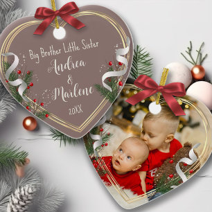 Big Bro Little Sis Photo Holly Pine Gold Frame Ceramic Ornament