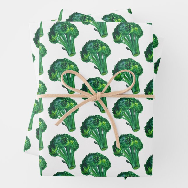 Big Broccoli Watercolor Pattern Gift Wrapping Paper Sheet (In situ)