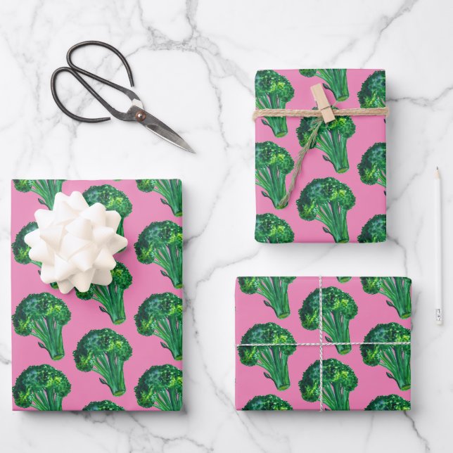 Big Broccoli Watercolor Pattern Gift Wrapping Paper Sheet (Front)