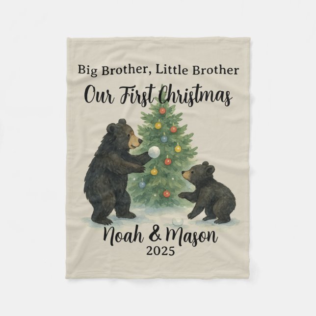 Big Brother Little Brother Bear Custom Christmas Fleece Blanket (Front)