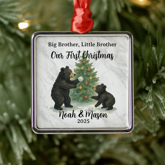 Big Brother Little Brother Bear Custom Christmas Metal Ornament (Tree)