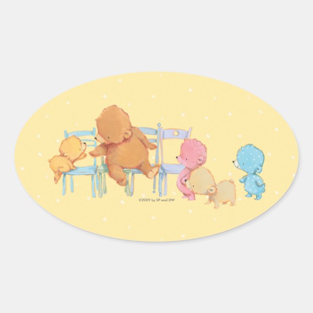 Big Brown Bear & Friends Share Four Chairs Oval Sticker (Front)