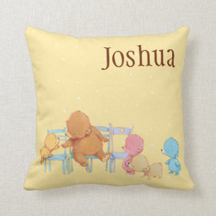 Big Brown Bear & Friends Share Four Chairs Throw Pillow