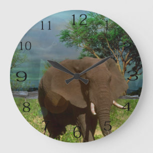 Big Brown Elephant Grazing, Large Clock