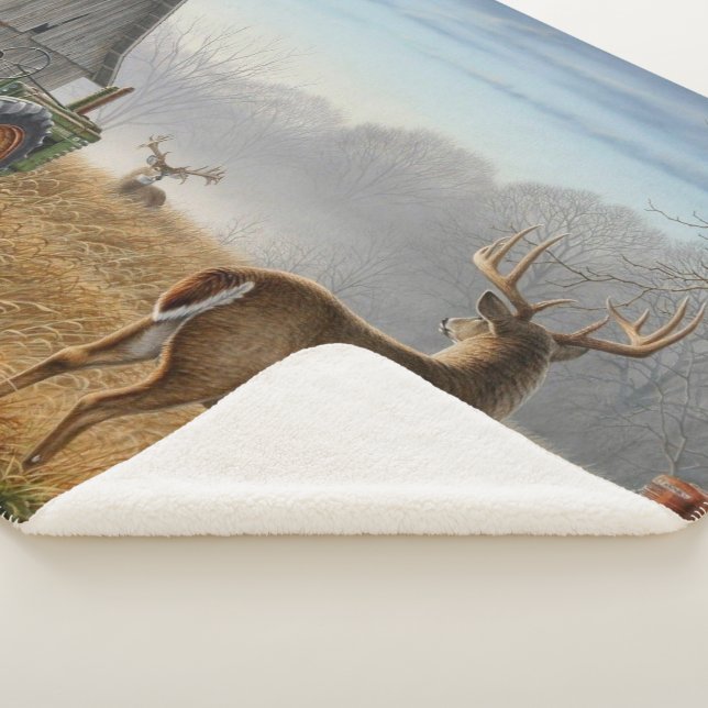 Big Buck  Deer Showdown On The Farm Sherpa Blanket (3/4)